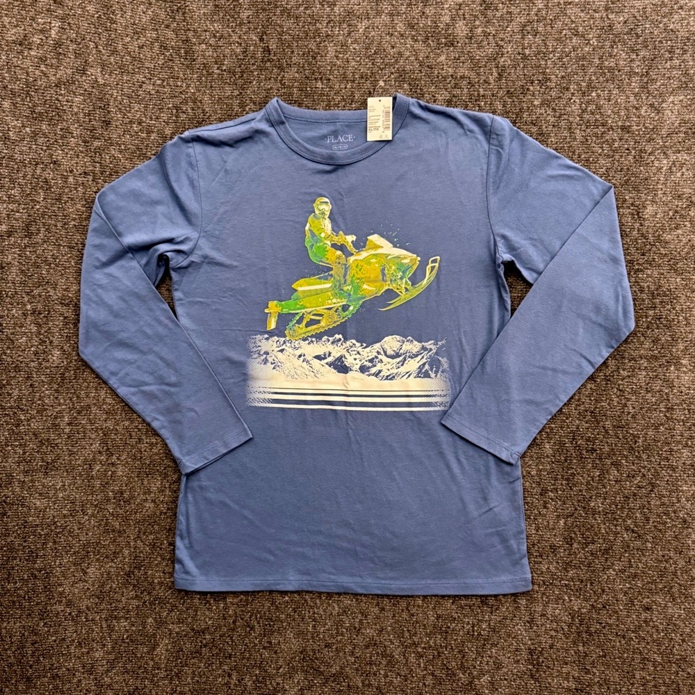 The Childrens Place Boys XL 14 Blue Snowmobile Graphic Long Sleeve T-Shirt NWT